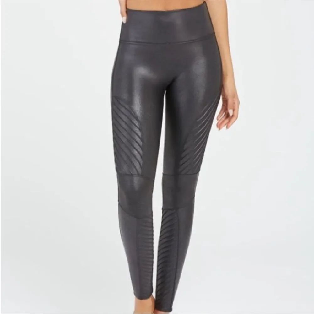 Spanx Faux Leather Moto Metallic Black Leggings Small